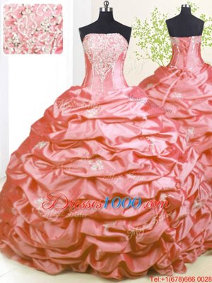 Pick Ups With Train Pink Quinceanera Dress Strapless Sleeveless Sweep Train Lace Up