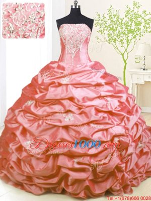 Pick Ups With Train Pink Quinceanera Dress Strapless Sleeveless Sweep Train Lace Up