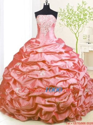 Pick Ups With Train Pink Quinceanera Dress Strapless Sleeveless Sweep Train Lace Up