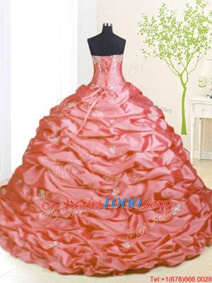 Pick Ups With Train Pink Quinceanera Dress Strapless Sleeveless Sweep Train Lace Up