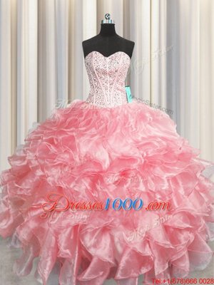 Visible Boning Zipper Up Organza Sweetheart Sleeveless Zipper Beading and Ruffles Ball Gown Prom Dress in Baby Pink
