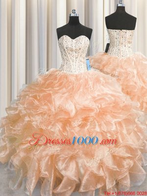 Hot Sale Visible Boning Zipper Up Sleeveless Zipper Floor Length Beading and Ruffles 15th Birthday Dress
