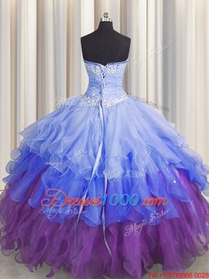 Cute Floor Length Multi-color 15th Birthday Dress Organza Sleeveless Beading and Ruffles and Ruffled Layers and Sequins
