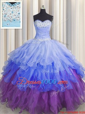 Cute Floor Length Multi-color 15th Birthday Dress Organza Sleeveless Beading and Ruffles and Ruffled Layers and Sequins