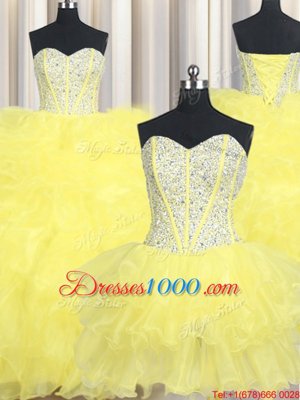 Three Piece Yellow Ball Gowns Organza Sweetheart Sleeveless Beading and Ruffles Floor Length Lace Up Quince Ball Gowns