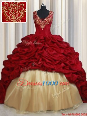 On Sale Red Taffeta Lace Up Quinceanera Gown Sleeveless Sweep Train Beading and Appliques and Pick Ups