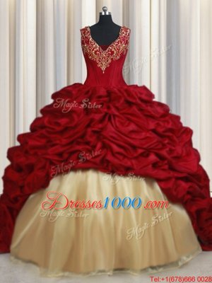 On Sale Red Taffeta Lace Up Quinceanera Gown Sleeveless Sweep Train Beading and Appliques and Pick Ups