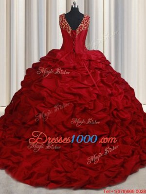 On Sale Red Taffeta Lace Up Quinceanera Gown Sleeveless Sweep Train Beading and Appliques and Pick Ups