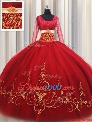 Free and Easy Red Zipper Square Beading and Embroidery Quinceanera Dresses Tulle Long Sleeves