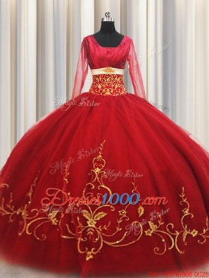 Free and Easy Red Zipper Square Beading and Embroidery Quinceanera Dresses Tulle Long Sleeves