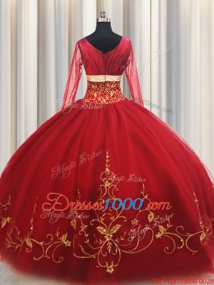 Free and Easy Red Zipper Square Beading and Embroidery Quinceanera Dresses Tulle Long Sleeves