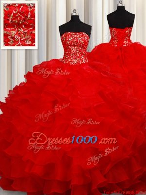 Custom Fit Floor Length Lace Up Quinceanera Gowns Red and In for Military Ball and Sweet 16 and Quinceanera with Beading and Embroidery and Ruffles