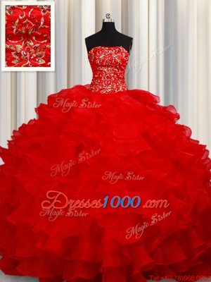 Custom Fit Floor Length Lace Up Quinceanera Gowns Red and In for Military Ball and Sweet 16 and Quinceanera with Beading and Embroidery and Ruffles