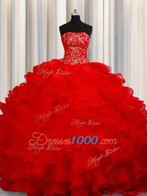 Custom Fit Floor Length Lace Up Quinceanera Gowns Red and In for Military Ball and Sweet 16 and Quinceanera with Beading and Embroidery and Ruffles