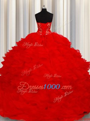 Custom Fit Floor Length Lace Up Quinceanera Gowns Red and In for Military Ball and Sweet 16 and Quinceanera with Beading and Embroidery and Ruffles