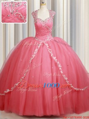 Straps Straps Watermelon Red Cap Sleeves Tulle Sweep Train Zipper Quinceanera Dress for Military Ball and Sweet 16 and Quinceanera