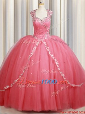 Straps Straps Watermelon Red Cap Sleeves Tulle Sweep Train Zipper Quinceanera Dress for Military Ball and Sweet 16 and Quinceanera