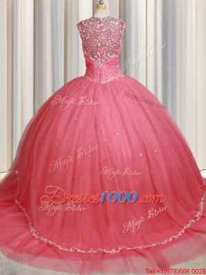 Straps Straps Watermelon Red Cap Sleeves Tulle Sweep Train Zipper Quinceanera Dress for Military Ball and Sweet 16 and Quinceanera