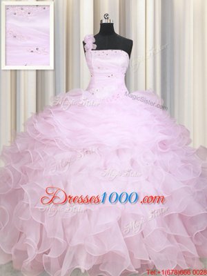 Admirable Baby Pink Ball Gowns One Shoulder Sleeveless Organza Floor Length Zipper Beading and Ruffles Sweet 16 Quinceanera Dress