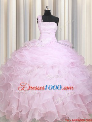 Admirable Baby Pink Ball Gowns One Shoulder Sleeveless Organza Floor Length Zipper Beading and Ruffles Sweet 16 Quinceanera Dress