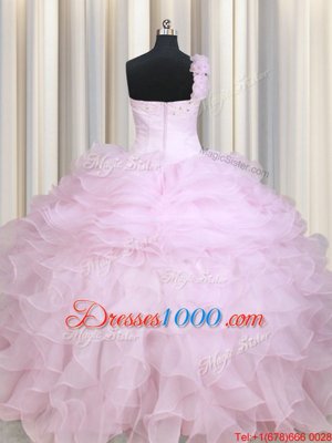 Admirable Baby Pink Ball Gowns One Shoulder Sleeveless Organza Floor Length Zipper Beading and Ruffles Sweet 16 Quinceanera Dress