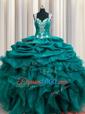 Pretty Straps Straps Teal Sleeveless Beading and Ruffles and Pick Ups Floor Length Sweet 16 Dress
