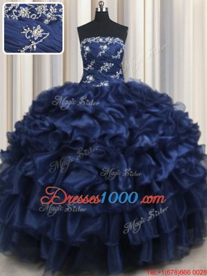 Beauteous Floor Length Lace Up Quinceanera Dress Navy Blue and In for Military Ball and Sweet 16 and Quinceanera with Appliques and Ruffles and Pick Ups