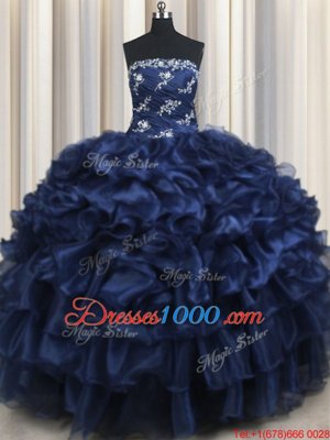 Beauteous Floor Length Lace Up Quinceanera Dress Navy Blue and In for Military Ball and Sweet 16 and Quinceanera with Appliques and Ruffles and Pick Ups