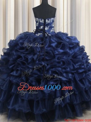 Beauteous Floor Length Lace Up Quinceanera Dress Navy Blue and In for Military Ball and Sweet 16 and Quinceanera with Appliques and Ruffles and Pick Ups