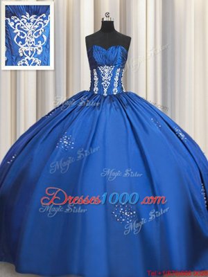 High End Blue Quinceanera Gowns Military Ball and Sweet 16 and Quinceanera and For with Beading and Appliques Sweetheart Short Sleeves Lace Up