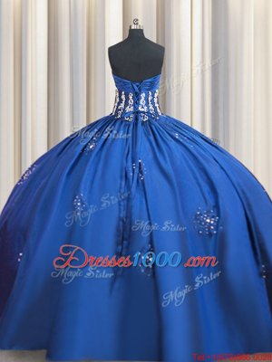 High End Blue Quinceanera Gowns Military Ball and Sweet 16 and Quinceanera and For with Beading and Appliques Sweetheart Short Sleeves Lace Up