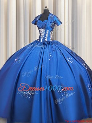 High End Blue Quinceanera Gowns Military Ball and Sweet 16 and Quinceanera and For with Beading and Appliques Sweetheart Short Sleeves Lace Up