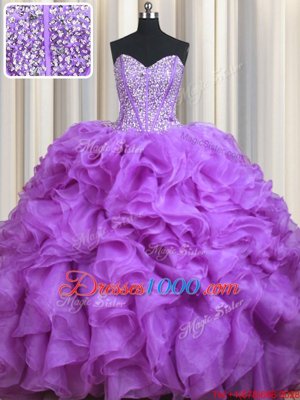 Sumptuous Beading and Ruffles 15th Birthday Dress Lilac Lace Up Sleeveless Sweep Train