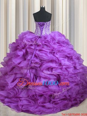 Sumptuous Beading and Ruffles 15th Birthday Dress Lilac Lace Up Sleeveless Sweep Train