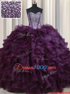 Beautiful Dark Purple Lace Up Sweetheart Beading and Ruffles Vestidos de Quinceanera Organza Sleeveless