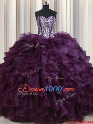 Beautiful Dark Purple Lace Up Sweetheart Beading and Ruffles Vestidos de Quinceanera Organza Sleeveless