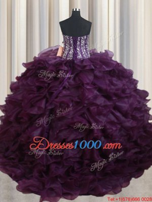 Beautiful Dark Purple Lace Up Sweetheart Beading and Ruffles Vestidos de Quinceanera Organza Sleeveless