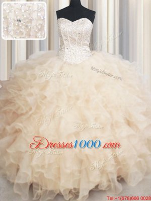 Champagne Ball Gowns Sweetheart Sleeveless Organza Floor Length Lace Up Beading and Ruffles Sweet 16 Dresses