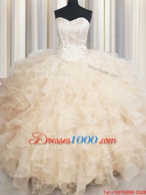 Champagne Ball Gowns Sweetheart Sleeveless Organza Floor Length Lace Up Beading and Ruffles Sweet 16 Dresses