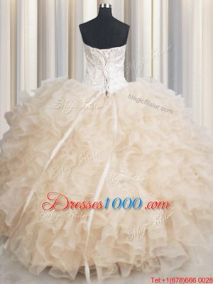 Champagne Ball Gowns Sweetheart Sleeveless Organza Floor Length Lace Up Beading and Ruffles Sweet 16 Dresses