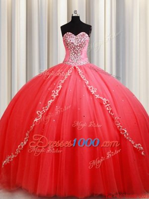 High Class Tulle Sleeveless Floor Length Quinceanera Dresses and Beading and Appliques