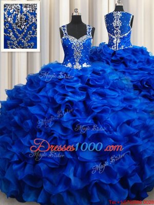 Stunning Straps Straps Royal Blue Ball Gowns Beading and Appliques and Ruffles 15th Birthday Dress Lace Up Organza Sleeveless Floor Length