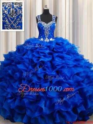 Stunning Straps Straps Royal Blue Ball Gowns Beading and Appliques and Ruffles 15th Birthday Dress Lace Up Organza Sleeveless Floor Length