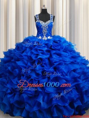 Stunning Straps Straps Royal Blue Ball Gowns Beading and Appliques and Ruffles 15th Birthday Dress Lace Up Organza Sleeveless Floor Length