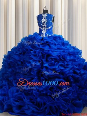 Stunning Straps Straps Royal Blue Ball Gowns Beading and Appliques and Ruffles 15th Birthday Dress Lace Up Organza Sleeveless Floor Length