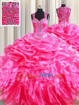 Deluxe Straps Straps Sleeveless Floor Length Beading and Ruffles and Pick Ups Zipper Sweet 16 Quinceanera Dress with Hot Pink