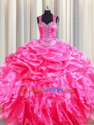 Deluxe Straps Straps Sleeveless Floor Length Beading and Ruffles and Pick Ups Zipper Sweet 16 Quinceanera Dress with Hot Pink