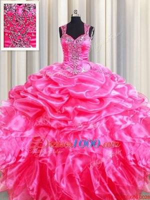 Deluxe Straps Straps Sleeveless Floor Length Beading and Ruffles and Pick Ups Zipper Sweet 16 Quinceanera Dress with Hot Pink