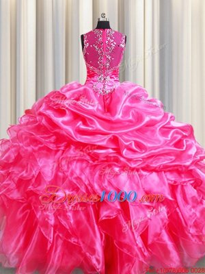 Deluxe Straps Straps Sleeveless Floor Length Beading and Ruffles and Pick Ups Zipper Sweet 16 Quinceanera Dress with Hot Pink