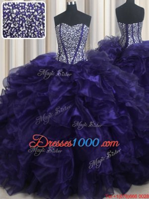 Sleeveless Brush Train Lace Up With Train Beading and Ruffles Quinceanera Dresses